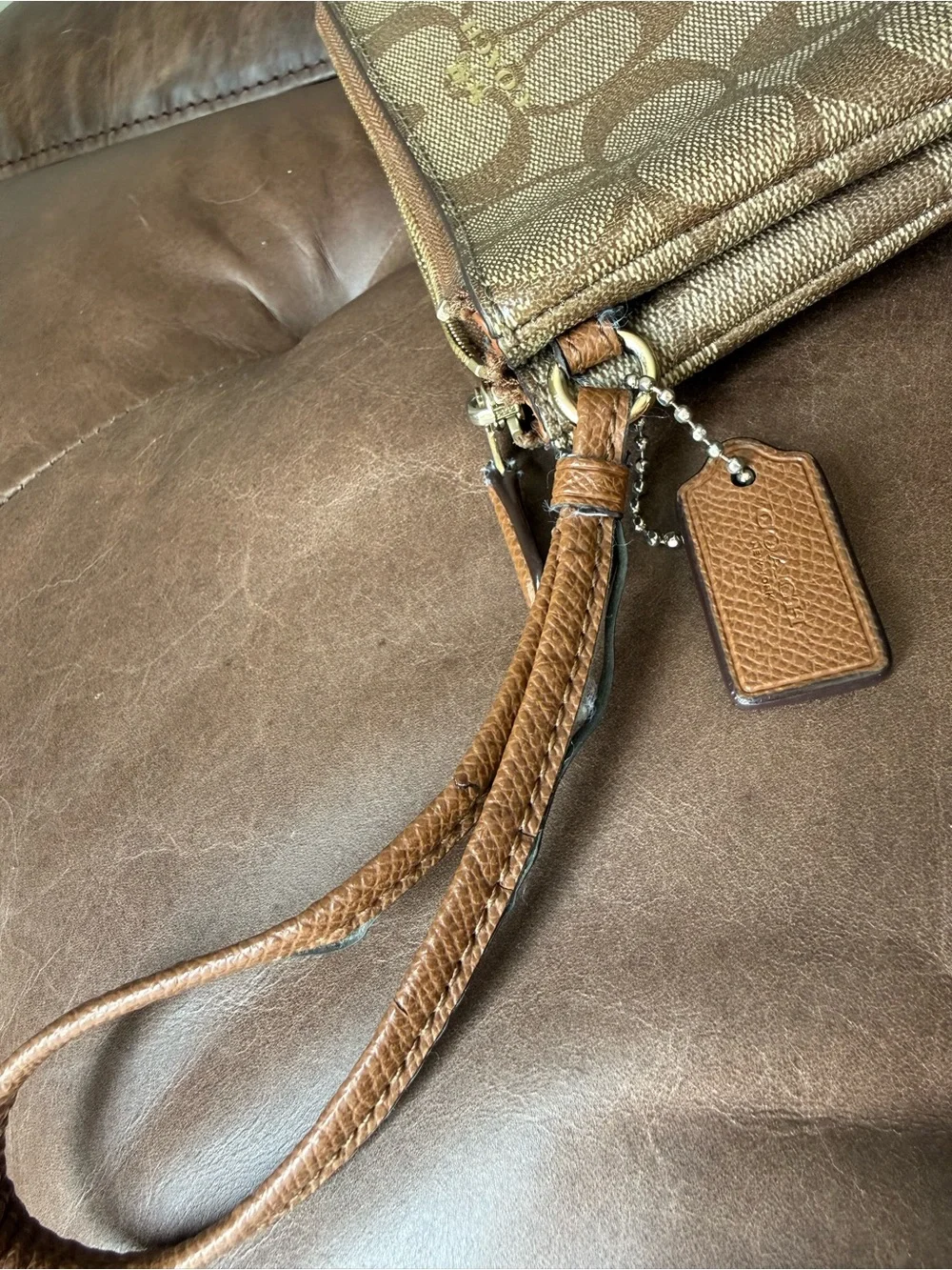 Coach Tan Signature Canvas Wristlet with Gold Logo